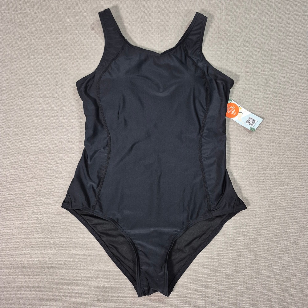 Charmo Women Athletic One Piece Swimsuit Black Racerback UPF 50+ Size L NEW